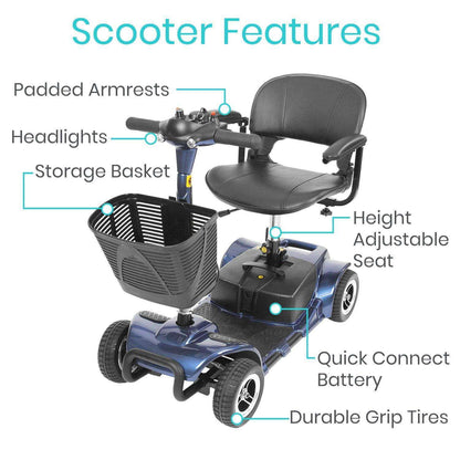 The image showcases the Vive Health 4 Wheel Mobility Scooter in blue, which comes equipped with padded armrests, headlights, a storage basket, an adjustable seat, and durable grip tires. Its quick-connect long-range battery and variable speed options offer users both convenience and versatility.