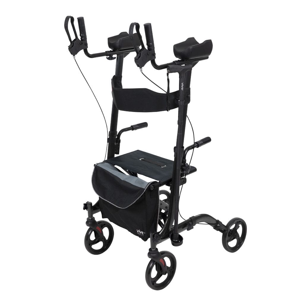 The Upright Walker by Vive Health is a black rollator walker crafted from lightweight aluminum, featuring four wheels, ergonomic hand grips, and adjustable handles. It includes a cushioned seat and a storage bag beneath the seat, with a sturdy design for enhanced stability and comfort.