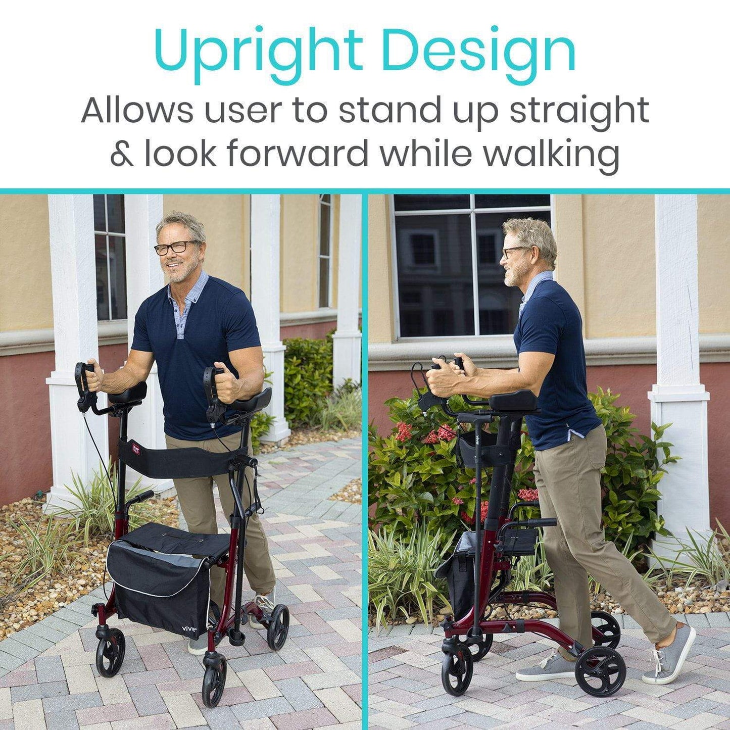 A man is strolling comfortably on a paved path outside a building, standing tall with the lightweight aluminum Upright Walker from Vive Health in red. It includes an attached black bag and text above emphasizes the benefits of its upright design and adjustable handles for optimal support.