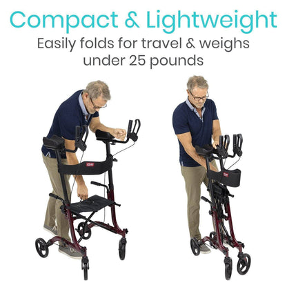 A man is folding a compact and lightweight Upright Walker by Vive Health, ideal for travel. This dark red walker with black accents features adjustable handles, a seat, wheels, and is described as easy to fold while weighing under 25 pounds.