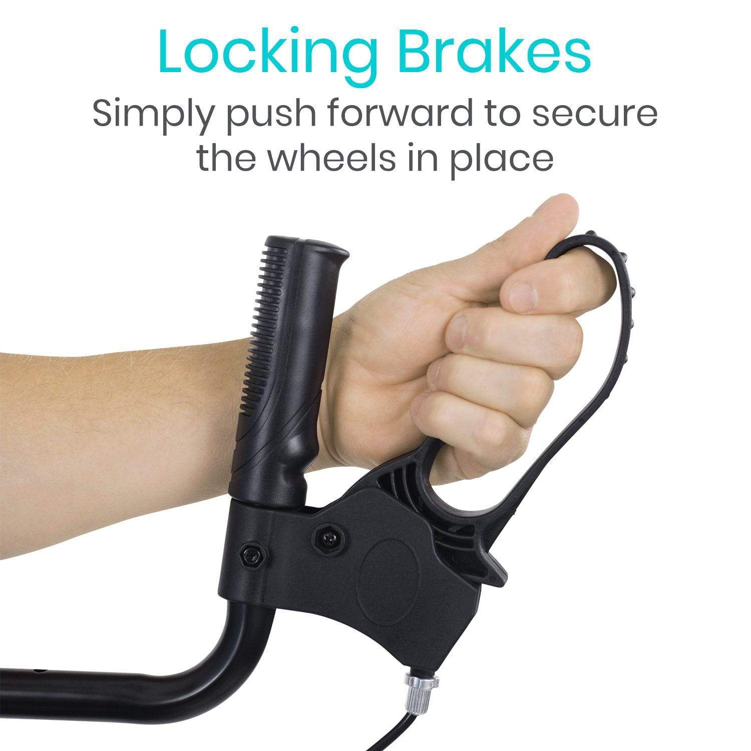 Close-up of a person's hand demonstrating the locking brake handle on the Vive Health Upright Walker. Made from lightweight aluminum, the handle includes a textured grip and loop for secure use. Text reads: "Locking Brakes: Simply push forward to lock the wheels.