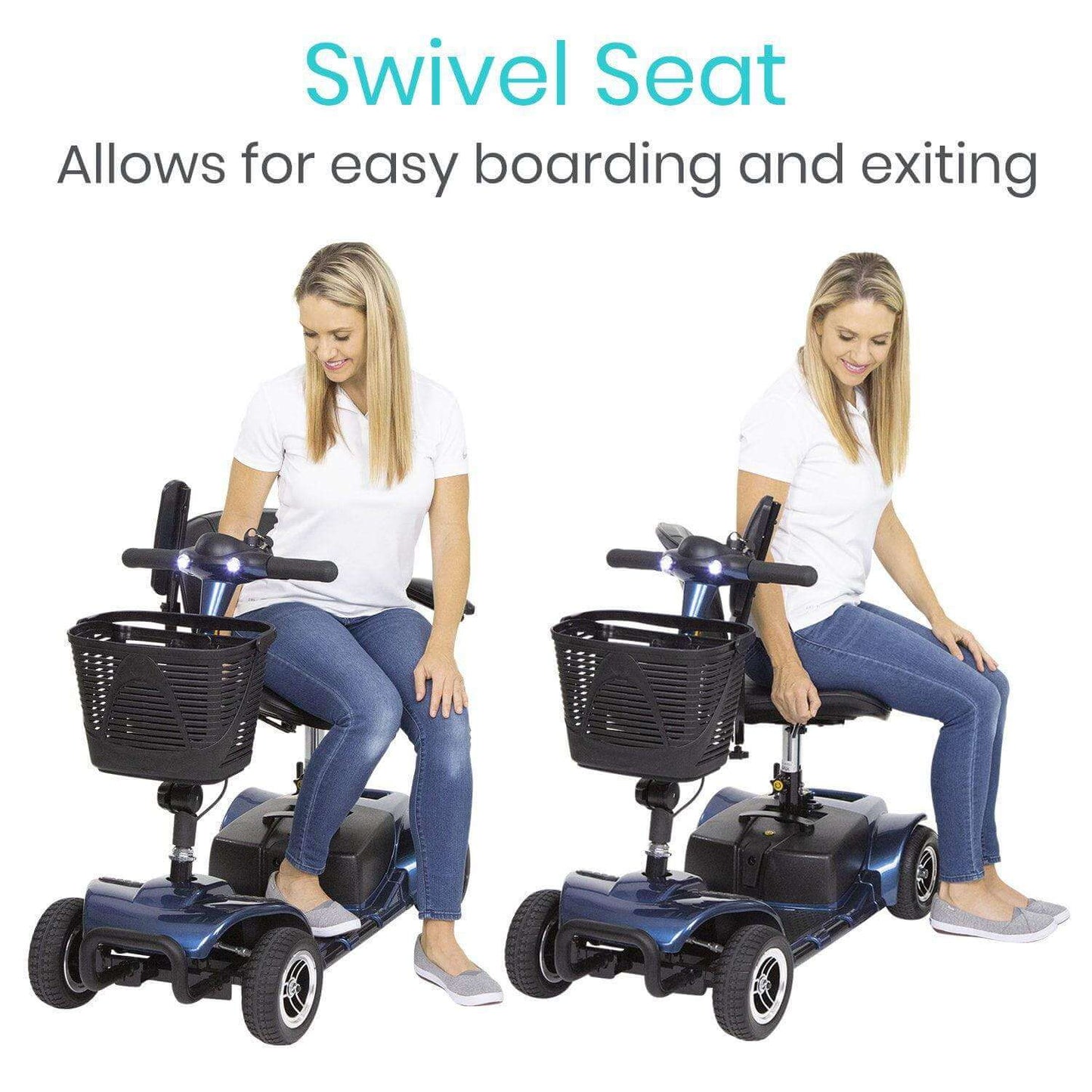 A woman is demonstrating the Vive Health 4 Wheel Mobility Scooter, featuring a swivel seat and a long-range battery. She sits comfortably while pointing out its convenient front basket and handlebars. The text above reads, "Swivel Seat - Allows for easy boarding and exiting.