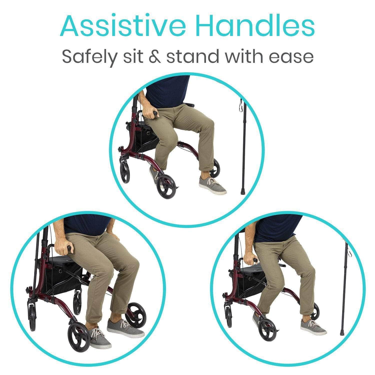 A person showcasing how to use the adjustable handles of the Vive Health Upright Walker to safely sit and stand. The images focus on hand placement for stability. Accompanying text says: "Assistive Handles - Sit & Stand with Ease.