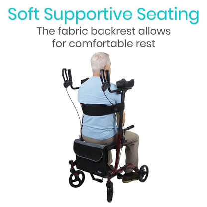 Using the Upright Walker by Vive Health, an individual can sit comfortably against its fabric backrest. This device is constructed with lightweight aluminum and features four wheels, adjustable handles, and a storage bag, providing soft supportive seating for restful moments.