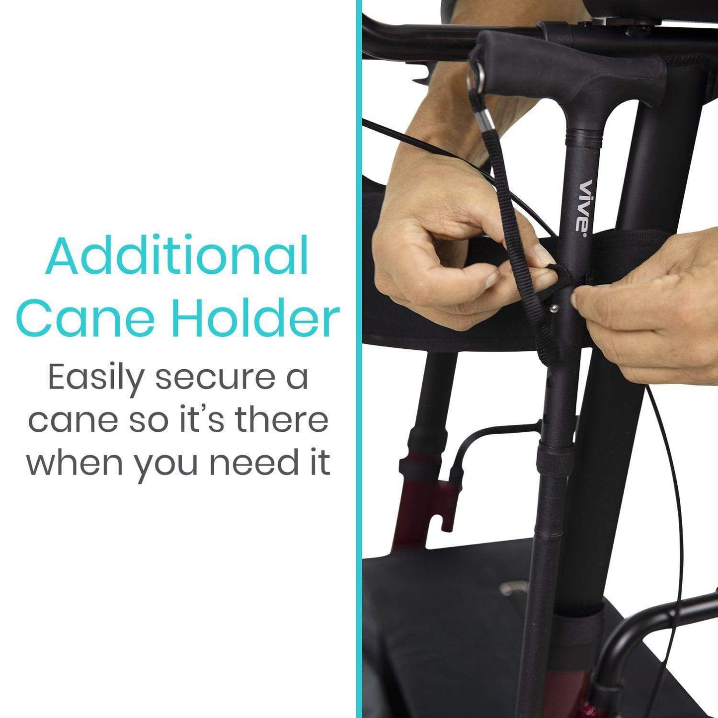 A person affixes a cane to a holder on the Upright Walker by Vive Health, crafted from lightweight aluminum. The text states, "Additional Cane Holder: Easily secure a cane so it's there when you need it." The cane is held vertically in place using a strap.