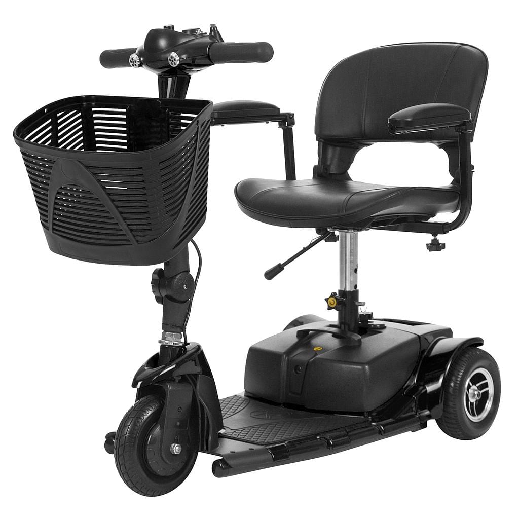 The Vive Health 3 Wheel Mobility Scooter, in black, features a cushioned seat and front-mounted basket. It offers variable speed control on its handlebars and a long-range battery for extended use, ideal for assisting individuals with mobility needs.