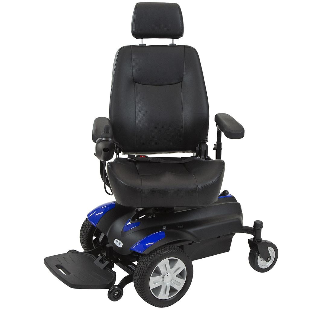 The Vive Health Electric Wheelchair Model: V combines a sleek black and blue design with a cushioned seat, armrests, footrest, rear wheels, supportive headrest, and joystick control on the right armrest for smooth mobility with style.