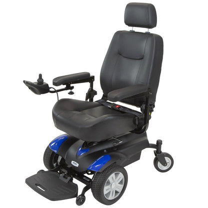 The Vive Health Electric Wheelchair Model V is a blue and black power chair featuring a cushioned seat, adjustable armrests, headrest, footrest, a right-side joystick control, and four wheels for mobility.