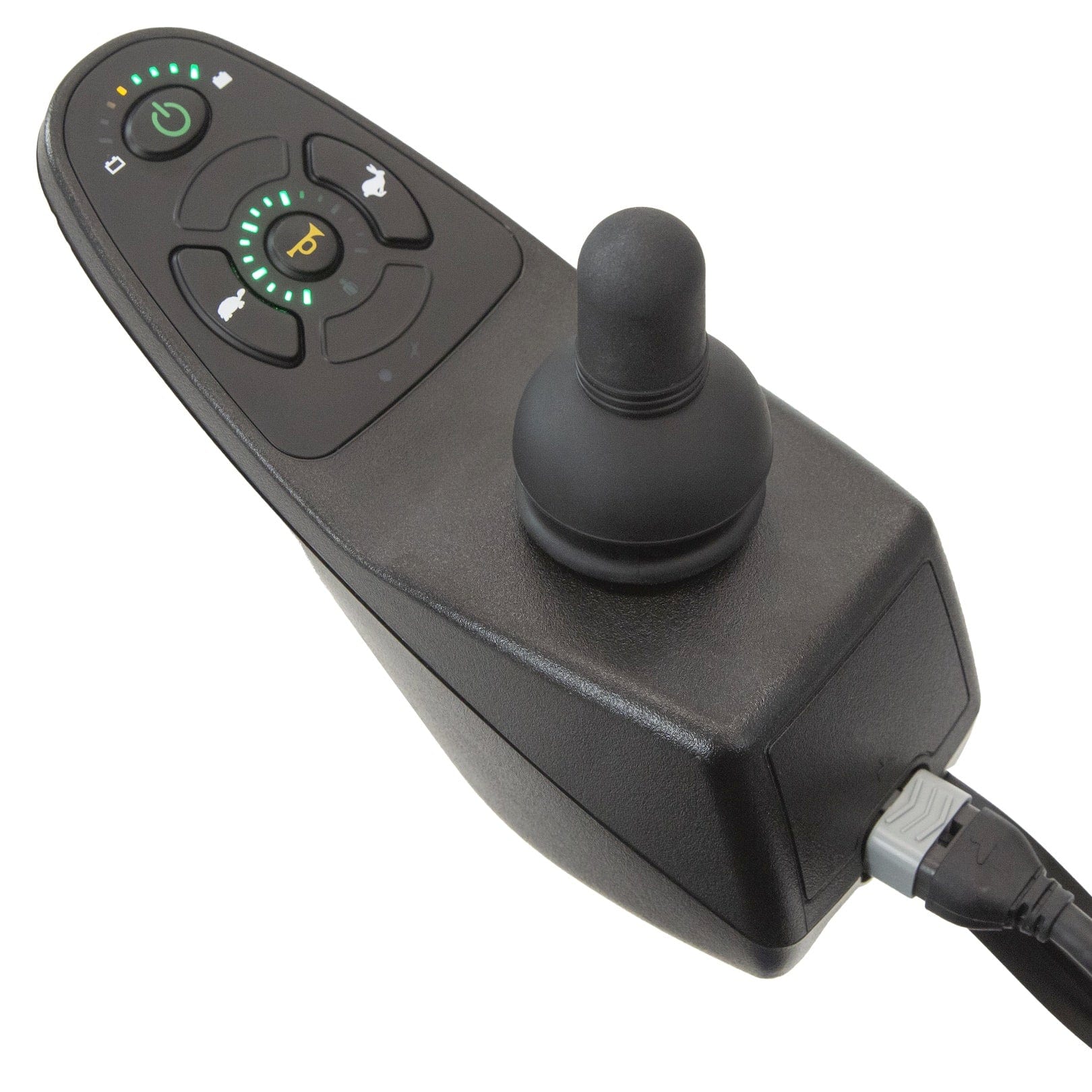 Close-up of the Vive Health Electric Wheelchair Model V joystick controller. It has multiple buttons, indicators, and a navigation joystick. The sleek black design features green and red symbol LEDs and connects via cable, ensuring seamless maneuverability for the user.