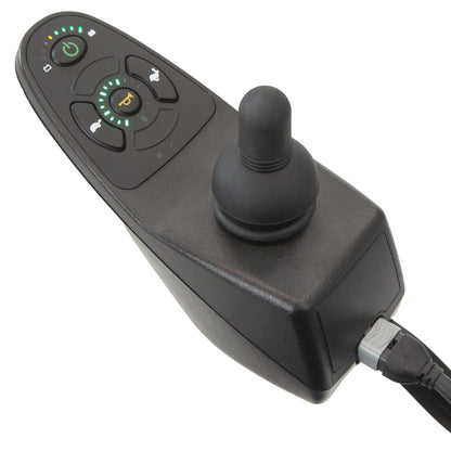 Close-up of the Vive Health Electric Wheelchair Model V joystick controller. It has multiple buttons, indicators, and a navigation joystick. The sleek black design features green and red symbol LEDs and connects via cable, ensuring seamless maneuverability for the user.