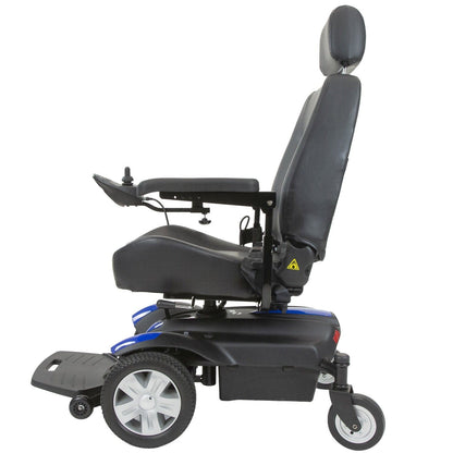 Side view of the Vive Health Electric Wheelchair Model V, featuring a comfortable seat, joystick control, and large rear wheels for stability. The power chair is predominantly black with striking blue accents.