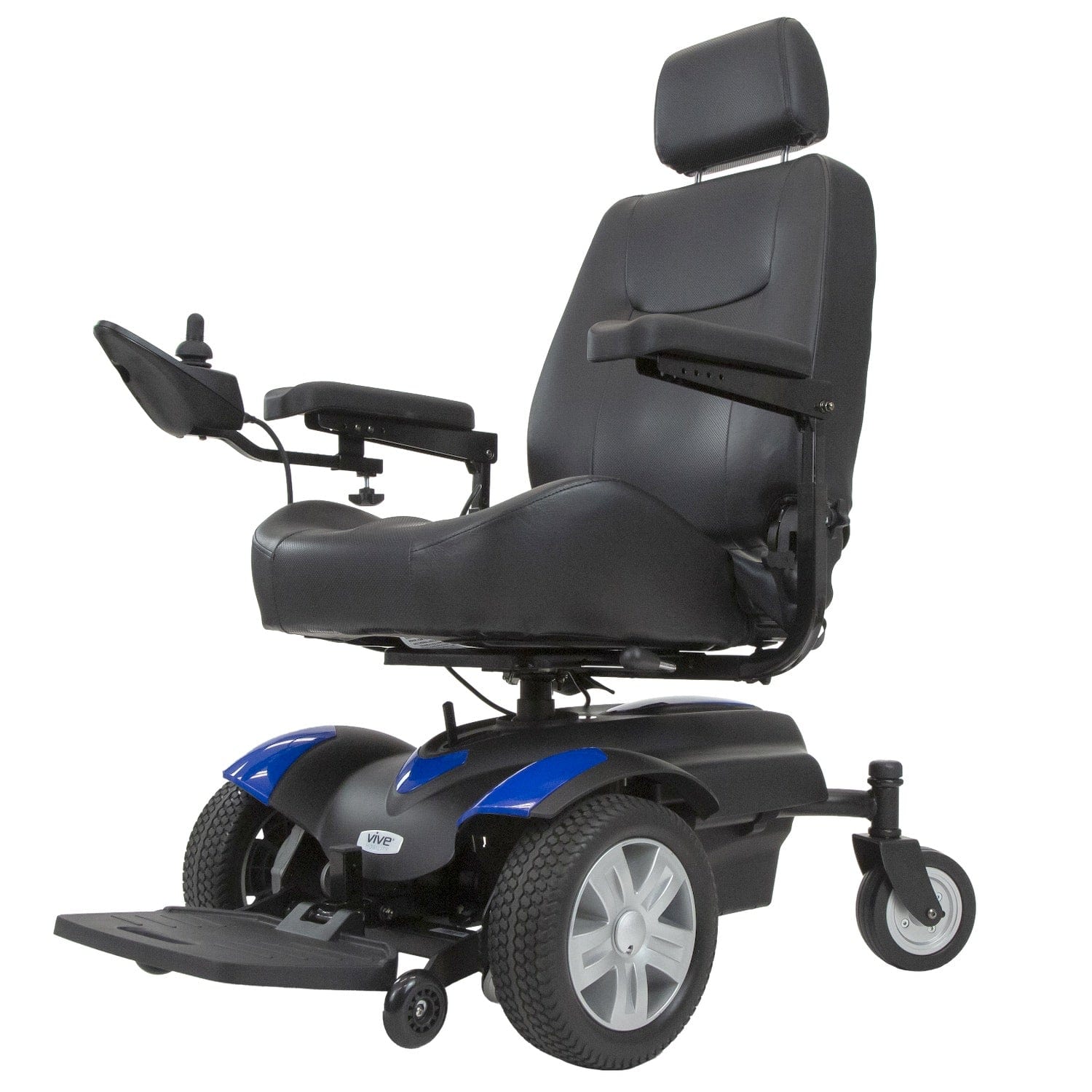 The Electric Wheelchair Model V by Vive Health features a black leather seat, headrest, armrests, and a left-side joystick. It has large front wheels with smaller rear ones and a sleek blue base that includes a convenient footrest for added comfort.