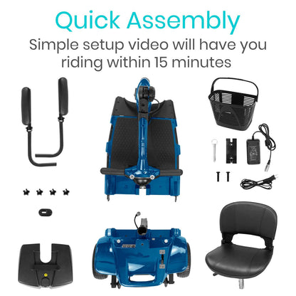 The blue Vive Health 3 Wheel Mobility Scooter is displayed with its seat, backrest, basket, charger, screws, and base. Featuring a long-range battery for extended travel time, it comes with "Quick Assembly" instructions promising setup in just 15 minutes.