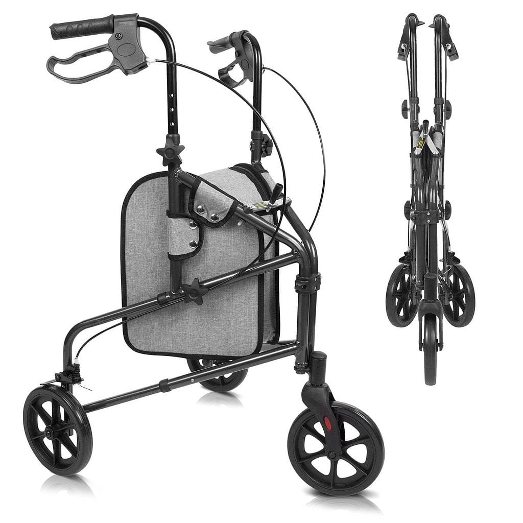 The Vive Health Tri-Rollator is a black, three-wheeled walker featuring a collapsible frame, hand brakes, and a storage bag. The left side shows it open, while the right side displays it folded for easy storage or transport.