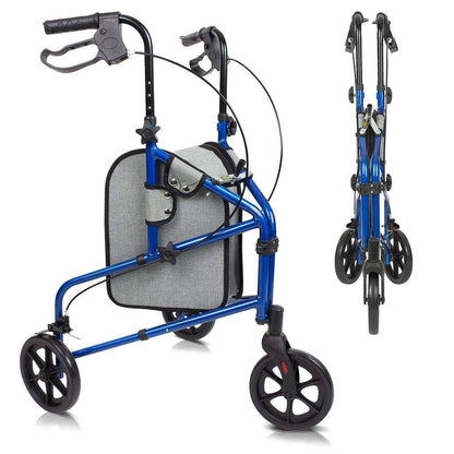 The Vive Health Tri-Rollator is a blue, three-wheeled walker with a gray pouch and black handles, shown open and folded. It includes a sturdy frame, black wheels, and hand brakes for mobility support.