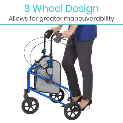 A person using a blue Vive Health Tri-Rollator, designed for greater maneuverability with an attached storage bag, is wearing black pants and heels.