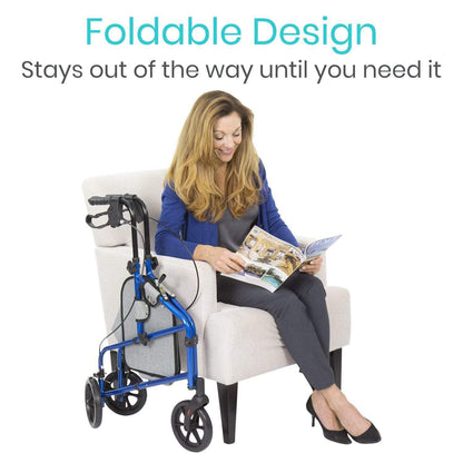 A woman sits in a chair, reading a magazine, with a folded Tri-Rollator by Vive Health beside her. Text reads, "Foldable Design: Stays out of the way until you need it.