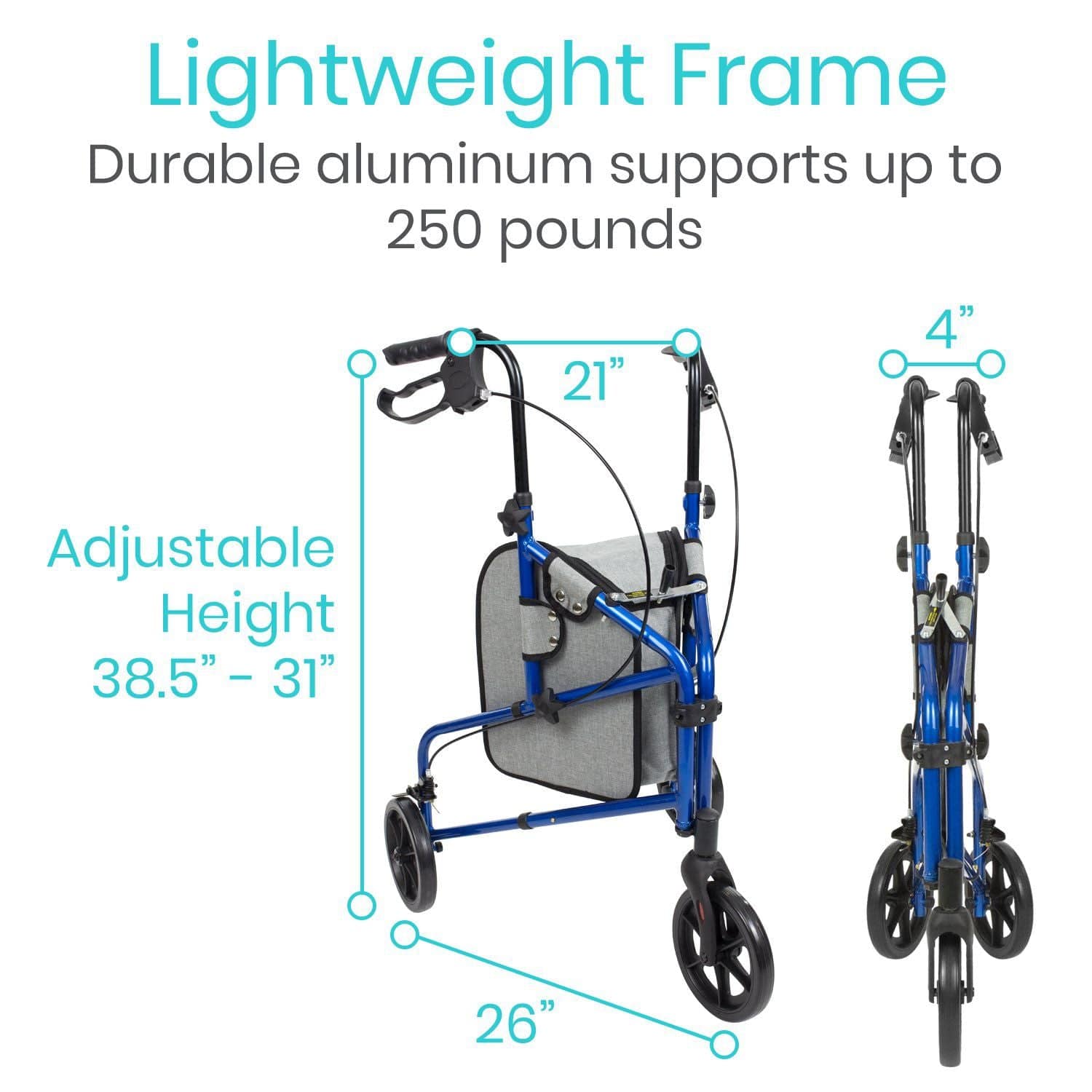 The Vive Health Tri-Rollator is a blue walker with a lightweight aluminum frame supporting up to 250 pounds. It features adjustable height from 31 to 38.5 inches and folds to 4x26x21 inches, complete with an attached basket.