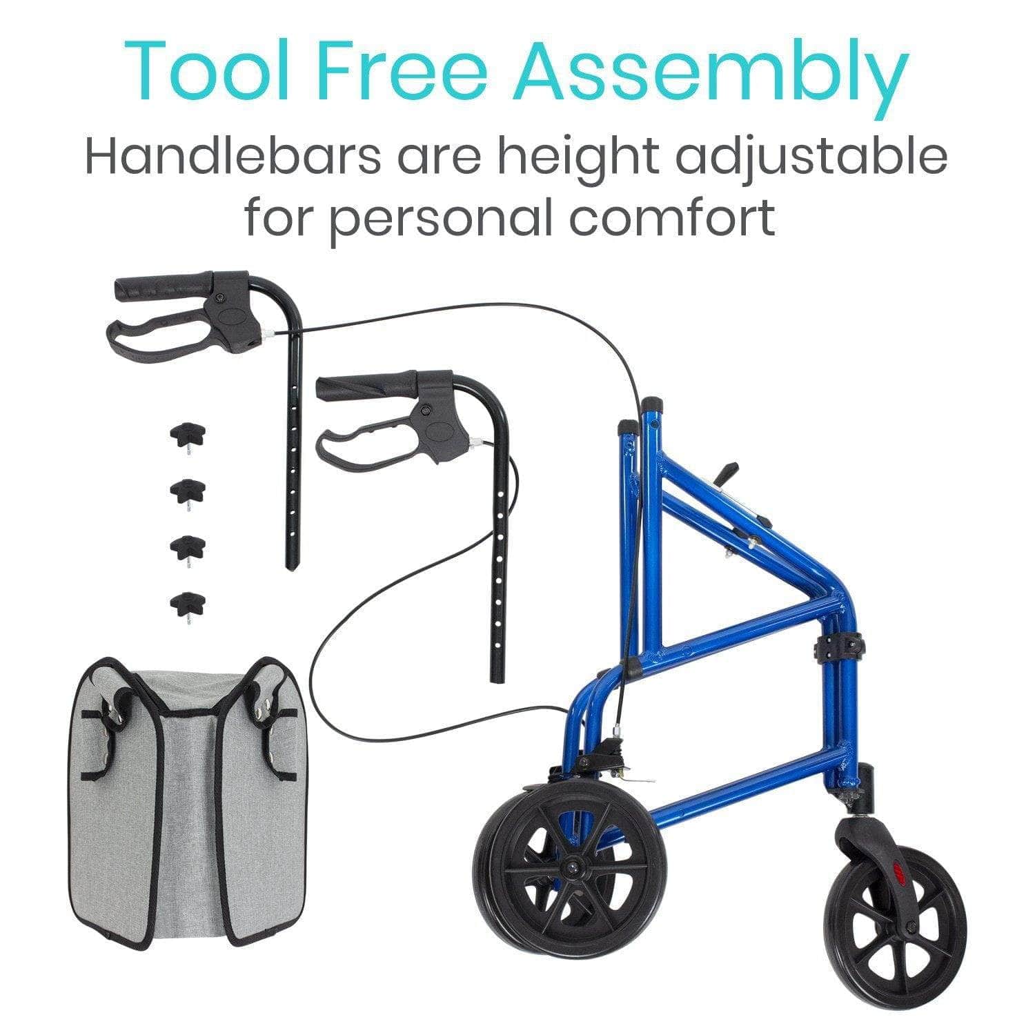 Image of blue Vive Health Tri-Rollator parts, featuring wheels, handlebars, a detachable storage bag, and handle adjustment parts. Text reads "Tool Free Assembly" and "Height Adjustable Handlebars for Personal Comfort.