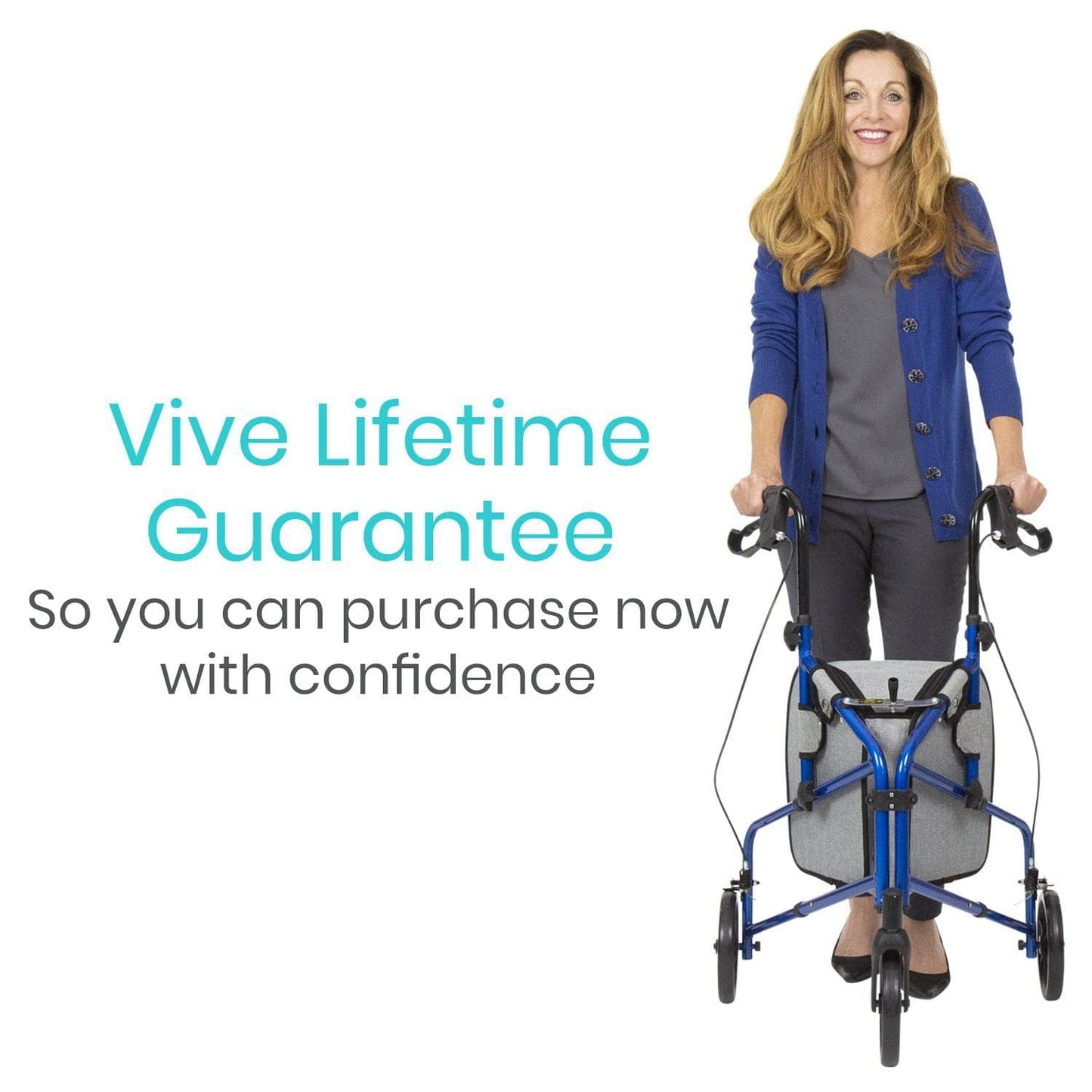 A woman in a blue cardigan stands using a blue Tri-Rollator from Vive Health. The text reads, "Vive Lifetime Guarantee - Purchase with confidence.