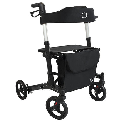 The Rollator Walker by Vive Health is a lightweight black mobility aid with four wheels, an adjustable handlebar, seat, storage bag, and a durable frame. It offers stable support and extra convenience thanks to its foldable design.