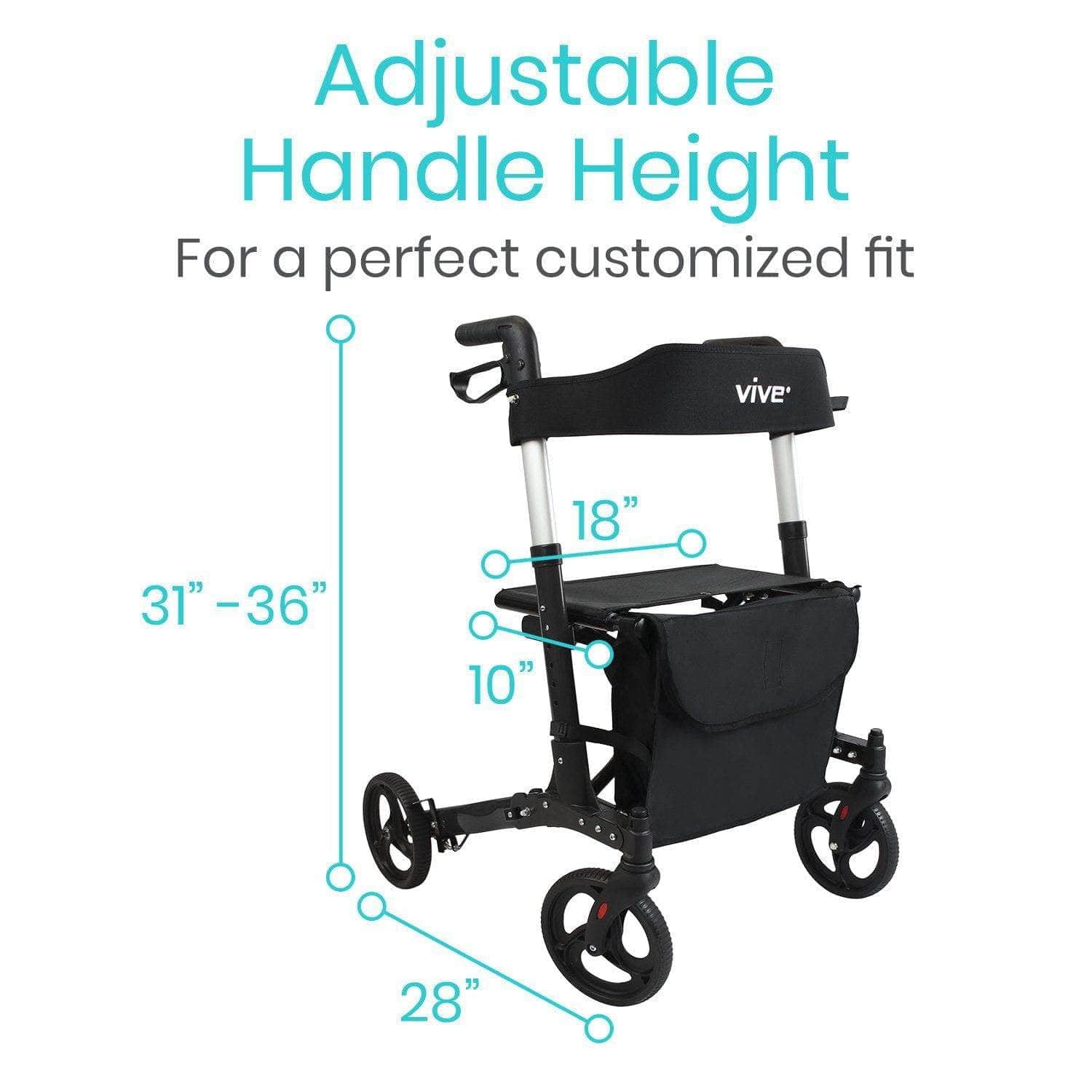 The Vive Health Rollator Walker offers stable mobility support with a lightweight, durable frame. It features adjustable handle heights from 31 to 36 inches, an 18-inch seat height, and dimensions of 28 inches deep. Its foldable design provides convenience for storing the storage bag.