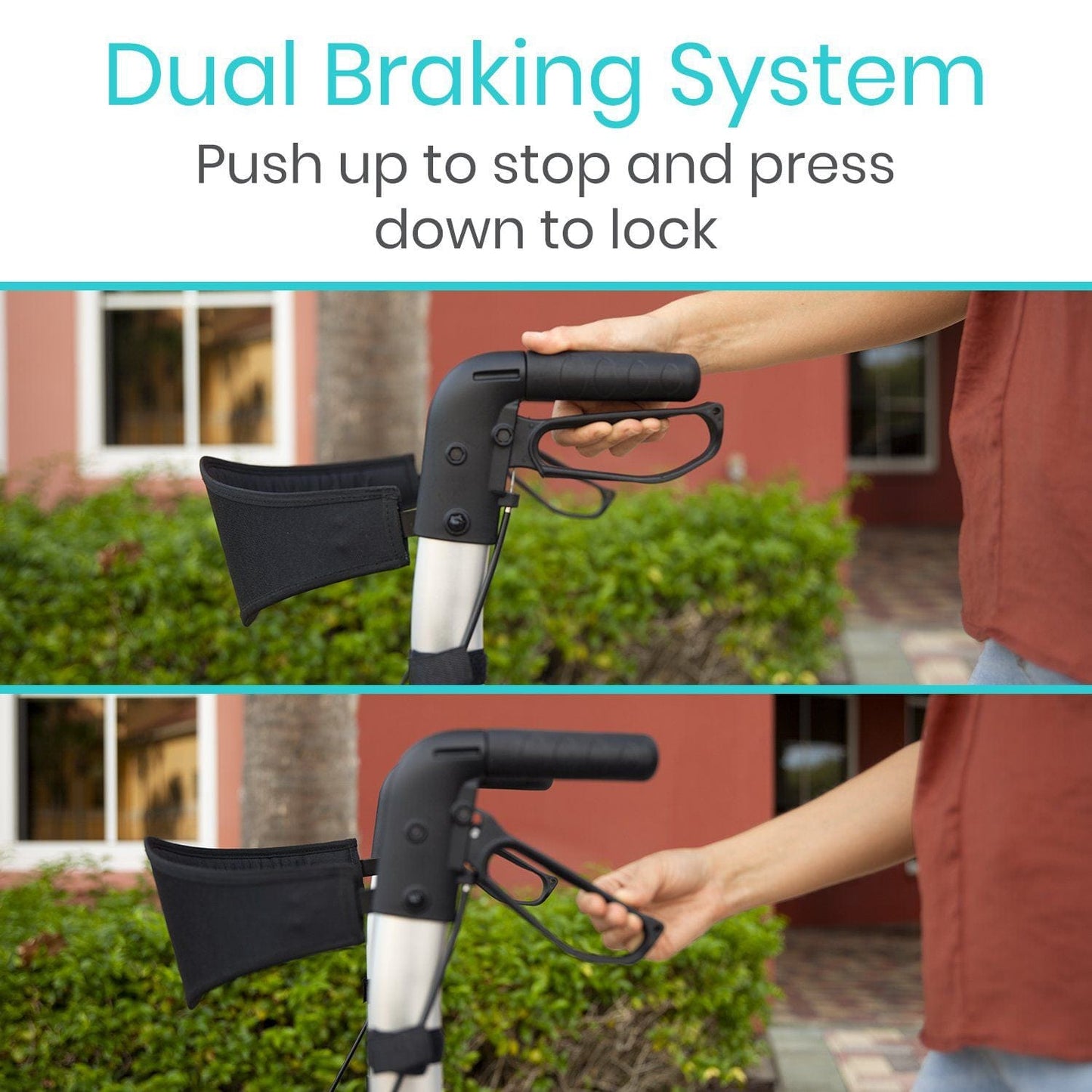 Two images illustrate the dual braking system of the Vive Health Rollator Walker. The top shows pushing up to stop, while the bottom depicts pressing down to lock. A hand grips the brake handle against a blurred outdoor background, highlighting its lightweight, durable frame for stable mobility support.