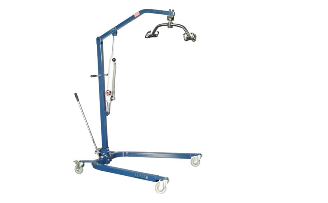 A hydraulic patient lift from Graham Field, featuring a wheeled base and a metal arm made from heavy gauge steel. The arm has a curved hydraulic pump handle and is equipped with hooks for six-point slings, making it ideal for lifting and transferring individuals with mobility challenges.