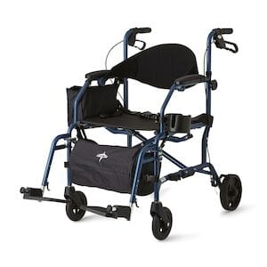 Introducing Medline's Rollator Transport Combo Chair: a lightweight blue mobility aid featuring black accents such as a comfortable seat, supportive backrest, and cushioned armrests. Equipped with 8" wheels, a convenient footrest, hand brakes for safety, and an under-seat storage bag. This chair is tailored for both comfort and enhanced mobility, supporting up to 250 lbs.