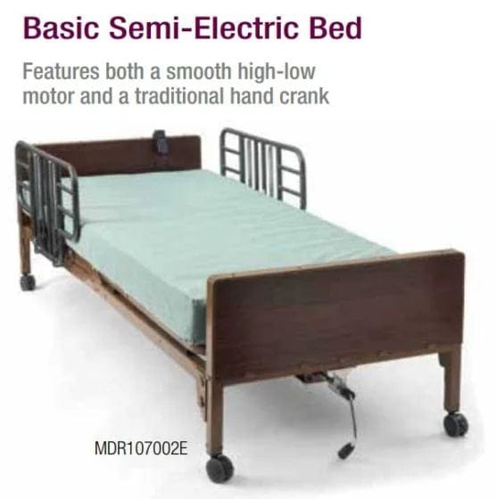 Image of the Medline Bed Semi Electric Basic, model MDR107002E, featuring a smooth high-low motor and traditional hand crank. This bed boasts safety features like side rails and wheels for easy mobility.