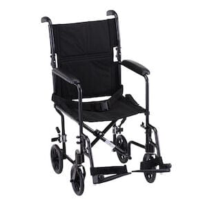 Introducing the Transport CH 19 Steel 300LB CAP by Nova Medical: a lightweight, black folding wheelchair equipped with swing-away footrests, armrests, and a seatbelt. Designed for easy transportation and storage, it boasts compact dimensions and small rear wheels.