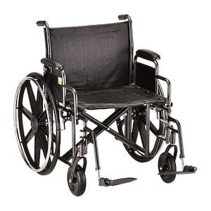 The Drive Medical Bariatric Sentra EC HEAVY DUTY Wheelchair is black, manual, with large rear wheels and small front casters. It features footrests and armrests in a sturdy design with a fabric seat and backrest on a durable carbon steel frame.