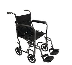 The Compass Health Transport CH 19 Steel Silver V EIN is a lightweight wheelchair with a 300 lb weight capacity, black color, four small wheels, foldable footrests, and dual handles for easy maneuverability and transportation.