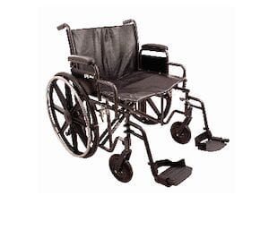 Introducing the Compass Health Wheelchair 22 Desk FT RST, a black manual heavy-duty wheelchair featuring large rear wheels and smaller front wheels. It is designed with armrests, footrests, a cushioned 22" seat, and supports up to 450lbs for optimal mobility assistance.