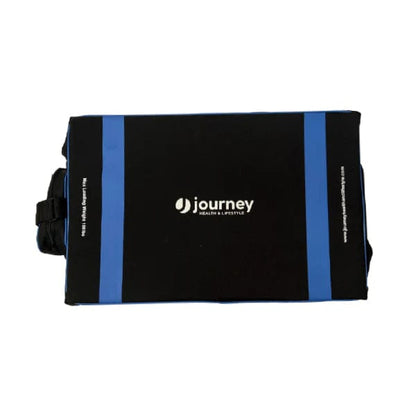 The So Lite Portable Lift by Journey Health & Life Style is a black travel bag with blue accents, adorned with the word "journey" and a central white logo. It features side handles and locking caster wheels for effortless mobility, ensuring your adventures are seamless.