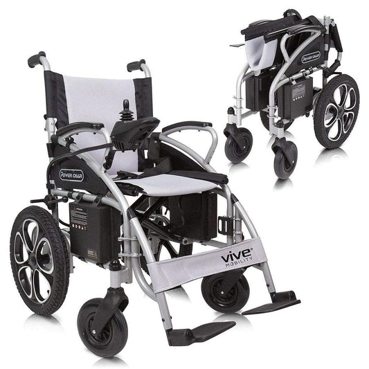 The Vive Health Compact Power Wheelchair features a sleek black and silver frame with a folding design for easy storage. It includes large rear wheels and smaller front ones, along with a joystick controller conveniently placed on the armrest. Displayed both open and folded, it combines convenience with style.