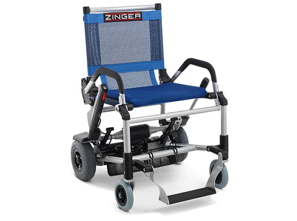 Introducing the ultra-portable Zinger Chair with Arm Rests by Journey Health & Life Style, a blue and silver lightweight electric mobility chair featuring small wheels and a minimalist frame, designed for multi-surface versatility. The brand name is prominently displayed on the backrest.